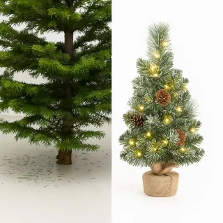 Mini Kunstkerstboom 40 cm met LED-verlichting, Timerfunctie & Versiering – Compacte Tafelkerstboom met Sneeuw & Dennenappels – Batterij (AA) – Voor Thuis of Kantoor
