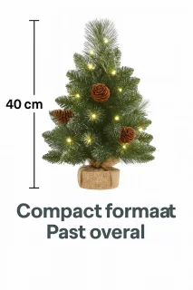 Mini Kunstkerstboom 40 cm met LED-verlichting, Timerfunctie & Versiering – Compacte Tafelkerstboom met Sneeuw & Dennenappels – Batterij (AA) – Voor Thuis of Kantoor
