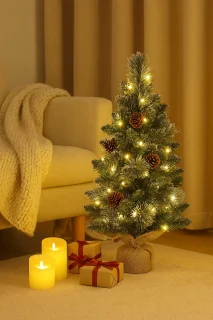 Mini Kunstkerstboom 40 cm met LED-verlichting, Timerfunctie & Versiering – Compacte Tafelkerstboom met Sneeuw & Dennenappels – Batterij (AA) – Voor Thuis of Kantoor