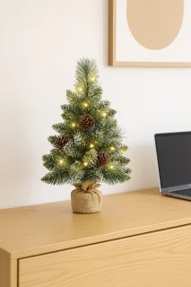 Mini Kunstkerstboom 40 cm met LED-verlichting, Timerfunctie & Versiering – Compacte Tafelkerstboom met Sneeuw & Dennenappels – Batterij (AA) – Voor Thuis of Kantoor