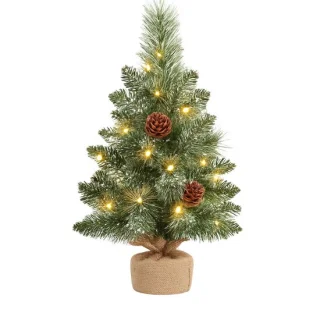 Mini Kunstkerstboom 40 cm met LED-verlichting, Timerfunctie & Versiering – Compacte Tafelkerstboom met Sneeuw & Dennenappels – Batterij (AA) – Voor Thuis of Kantoor