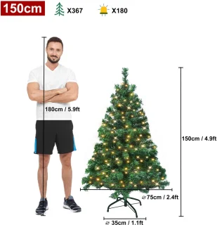 150 cm groene kunstkerstboom van PVC met afneembare LED-lichtjes en metalen voet, voor feestelijke decoratie
