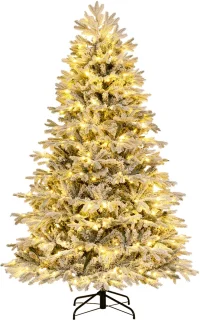 COSTWAY Kunstkerstboom met sneeuw en verlichting, 210 cm, dennenboom met 450 warmwitte ledlampen, 1328 gemengde takken, kerstboom, kunstboom Kerstmis, wit-groen