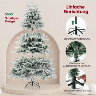 COSTWAY Kunstkerstboom met sneeuw en verlichting, 210 cm, dennenboom met 450 warmwitte ledlampen, 1328 gemengde takken, kerstboom, kunstboom Kerstmis, wit-groen