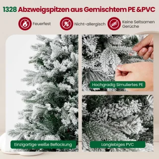 COSTWAY Kunstkerstboom met sneeuw en verlichting, 210 cm, dennenboom met 450 warmwitte ledlampen, 1328 gemengde takken, kerstboom, kunstboom Kerstmis, wit-groen