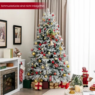 COSTWAY Kunstkerstboom met sneeuw en verlichting, 210 cm, dennenboom met 450 warmwitte ledlampen, 1328 gemengde takken, kerstboom, kunstboom Kerstmis, wit-groen