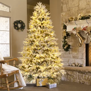 COSTWAY Kunstkerstboom met sneeuw en verlichting, 210 cm, dennenboom met 450 warmwitte ledlampen, 1328 gemengde takken, kerstboom, kunstboom Kerstmis, wit-groen