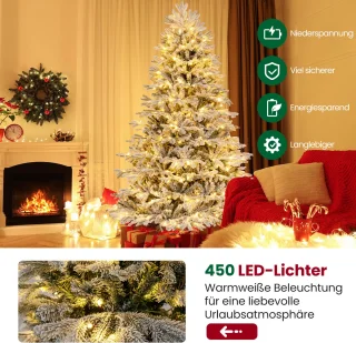 COSTWAY Kunstkerstboom met sneeuw en verlichting, 210 cm, dennenboom met 450 warmwitte ledlampen, 1328 gemengde takken, kerstboom, kunstboom Kerstmis, wit-groen
