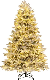 COSTWAY Kunstkerstboom met sneeuw en verlichting, 210 cm, dennenboom met 450 warmwitte ledlampen, 1328 gemengde takken, kerstboom, kunstboom Kerstmis, wit-groen