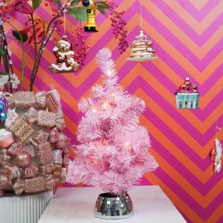 Kunstboom - Kerstboom met led lampjes en disco pot - Kunststof - Roze - 50cm