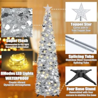 150 cm Opvouwbare Kerstboom met Verlichting en Pailletten - Kunstmatige Decoratie voor Binnen en Buiten
