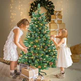 Kunstkerstboom 120cm dennenboom met verlichting 120 LED warm wit, PVC kerstboom voor kerstversiering