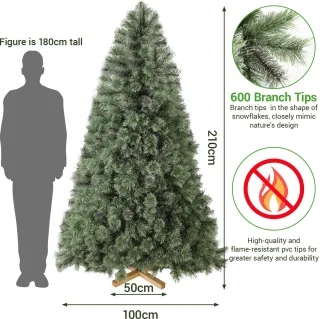 Kunstkerstboom - Kerstboom - 210cm - Zonder Verlichting - Vlamvertragend PVC - Polyetheen - Realistische Dennenlook - 600 Takken - Houten Standaard - Opvouwbaar - Paraplu Systeem - Kerstdecoratie Binnen