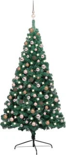 vidaXL - Kunstkerstboom - met - verlichting - en - kerstballen - half - 180 - cm - groen