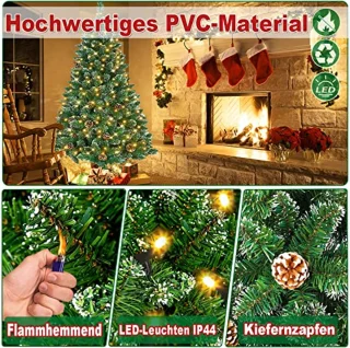 Kunstkerstboom met verlichting - PVC met sneeuweffect en dennenappels - Decoratieve kerstboom voor sfeervolle kerstdecoratie