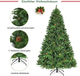 COSTWAY Kunstkerstboom met ledverlichting, 210/225/240 cm, met klapsysteem en metalen standaard, dennenboom, versierd, kunstboom, ideaal voor thuis, kantoor, winkels en hotels (225 cm)