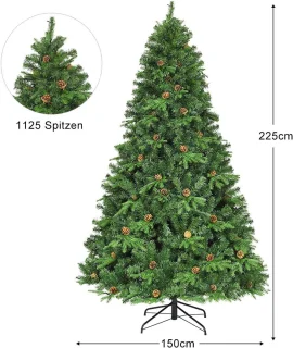 COSTWAY Kunstkerstboom met ledverlichting, 210/225/240 cm, met klapsysteem en metalen standaard, dennenboom, versierd, kunstboom, ideaal voor thuis, kantoor, winkels en hotels (225 cm)