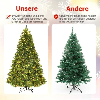COSTWAY Kunstkerstboom met ledverlichting, 210/225/240 cm, met klapsysteem en metalen standaard, dennenboom, versierd, kunstboom, ideaal voor thuis, kantoor, winkels en hotels (225 cm)