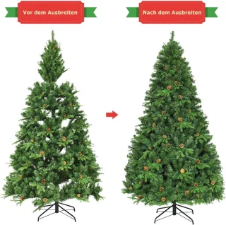 COSTWAY Kunstkerstboom met ledverlichting, 210/225/240 cm, met klapsysteem en metalen standaard, dennenboom, versierd, kunstboom, ideaal voor thuis, kantoor, winkels en hotels (225 cm)