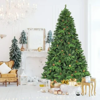 COSTWAY Kunstkerstboom met ledverlichting, 210/225/240 cm, met klapsysteem en metalen standaard, dennenboom, versierd, kunstboom, ideaal voor thuis, kantoor, winkels en hotels (225 cm)