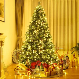 COSTWAY Kunstkerstboom met ledverlichting, 210/225/240 cm, met klapsysteem en metalen standaard, dennenboom, versierd, kunstboom, ideaal voor thuis, kantoor, winkels en hotels (225 cm)