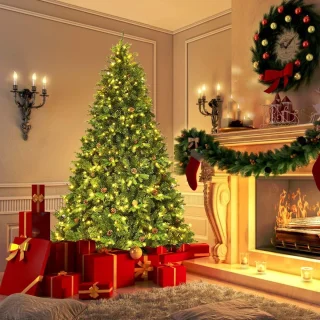 COSTWAY Kunstkerstboom met ledverlichting, 210/225/240 cm, met klapsysteem en metalen standaard, dennenboom, versierd, kunstboom, ideaal voor thuis, kantoor, winkels en hotels (225 cm)