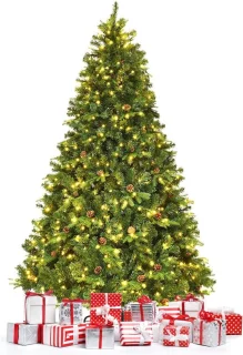 COSTWAY Kunstkerstboom met ledverlichting, 210/225/240 cm, met klapsysteem en metalen standaard, dennenboom, versierd, kunstboom, ideaal voor thuis, kantoor, winkels en hotels (225 cm)