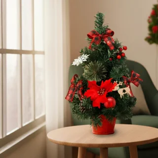 KLEINE kunstmatige kerstboom, rood met een ster van Bethlehem in een pot, VERSIERD 40 cm
