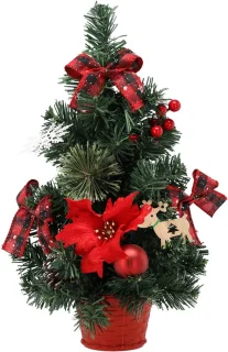 KLEINE kunstmatige kerstboom, rood met een ster van Bethlehem in een pot, VERSIERD 40 cm