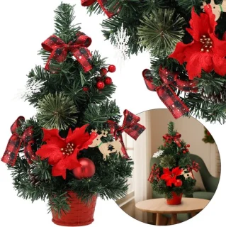 KLEINE kunstmatige kerstboom, rood met een ster van Bethlehem in een pot, VERSIERD 40 cm