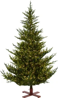 Sami Mountain Spruce Wood verlichte kunstkerstboom - 228 cm - Donkergroen - Ø150 cm - 5073 tips - 750 ledlampjes (warm wit) - Houten voet