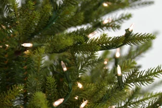 Sami Mountain Spruce Wood verlichte kunstkerstboom - 228 cm - Donkergroen - Ø150 cm - 5073 tips - 750 ledlampjes (warm wit) - Houten voet