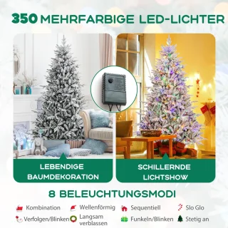 COSTWAY Kunstkerstboom, 210 cm, gevlokte dennenboom met 350 veelkleurige ledlampen, 8 lichtmodi en 1164 takpunten, verlichte kerstboom voor thuis, bedrijf en kantoor