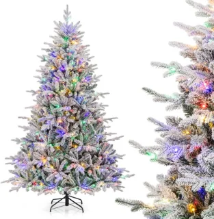COSTWAY Kunstkerstboom, 210 cm, gevlokte dennenboom met 350 veelkleurige ledlampen, 8 lichtmodi en 1164 takpunten, verlichte kerstboom voor thuis, bedrijf en kantoor