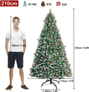 Kunstkerstboom, 2,25M Kunstkerstboom Wit Met Sneeuw En Dennenappels, Grenenhout, Snelle Montage, Brandvertragend, Inclusief Kerstboomstandaard (Grenenhout, Natuurlijk Wit Met Sneeuw)