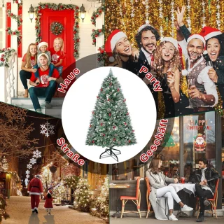 Kunstkerstboom, 2,25M Kunstkerstboom Wit Met Sneeuw En Dennenappels, Grenenhout, Snelle Montage, Brandvertragend, Inclusief Kerstboomstandaard (Grenenhout, Natuurlijk Wit Met Sneeuw)
