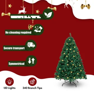 Kunstkerstboom met verlichting, 120 cm dennenboom met 150 warm-witte ledlampen, 340 gemengde takken, kerstboom, kunstboom voor Kerstmis, groen