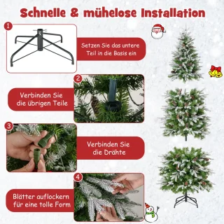 COSTWAY Kunstkerstboom van 190 cm met verlichting en sneeuw, potlood dennenboom met 280 warmwitte ledlampen en 60 dennenappels, smalle kerstboom voor thuis