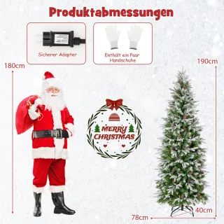 COSTWAY Kunstkerstboom van 190 cm met verlichting en sneeuw, potlood dennenboom met 280 warmwitte ledlampen en 60 dennenappels, smalle kerstboom voor thuis
