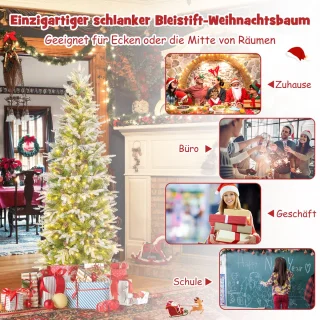 COSTWAY Kunstkerstboom van 190 cm met verlichting en sneeuw, potlood dennenboom met 280 warmwitte ledlampen en 60 dennenappels, smalle kerstboom voor thuis