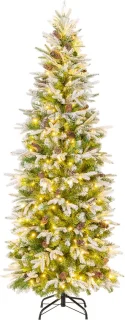 COSTWAY Kunstkerstboom van 190 cm met verlichting en sneeuw, potlood dennenboom met 280 warmwitte ledlampen en 60 dennenappels, smalle kerstboom voor thuis
