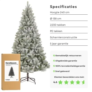 Cheqo® Kunstkerstboom met Sneeuw - Kerstboom Met Scharnierconstructie - Groene Kerstboom - Besneeuwde Look - Realistische Uitstraling - PE Materiaal - 240 CM Hoogte - Volle Luxe Uitstraling