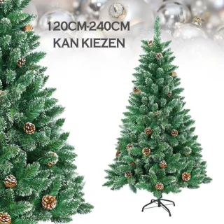 150 cm Groene Kunstmatige kerstboom - Sparvorm - PVC kerstboom - Met standaard - met sneeuweffect & dennenappels - Sectie-assemblage - Kerstdecoratie