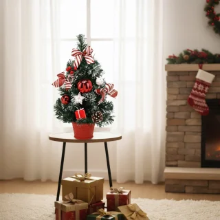 KLEINE kunstmatige kerstboom, MET SNEEUW, wit-rood in een pot VERSIERD 40 cm