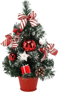 KLEINE kunstmatige kerstboom, MET SNEEUW, wit-rood in een pot VERSIERD 40 cm