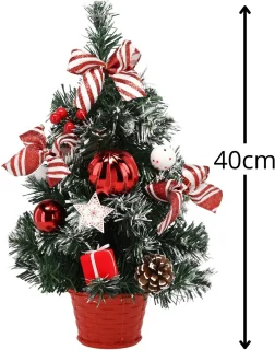 KLEINE kunstmatige kerstboom, MET SNEEUW, wit-rood in een pot VERSIERD 40 cm