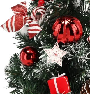 KLEINE kunstmatige kerstboom, MET SNEEUW, wit-rood in een pot VERSIERD 40 cm