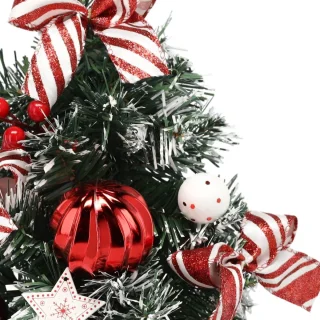 KLEINE kunstmatige kerstboom, MET SNEEUW, wit-rood in een pot VERSIERD 40 cm
