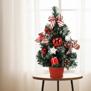 KLEINE kunstmatige kerstboom, MET SNEEUW, wit-rood in een pot VERSIERD 40 cm