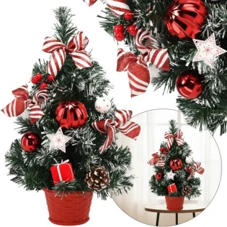 KLEINE kunstmatige kerstboom, MET SNEEUW, wit-rood in een pot VERSIERD 40 cm